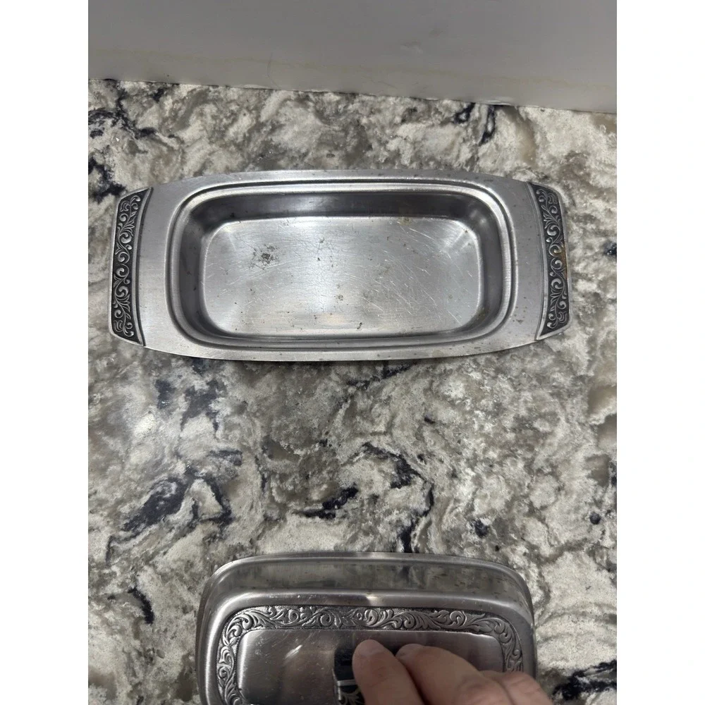 Vintage MCM Metal Ornate Butter Dish With Filigree Design Mid Century